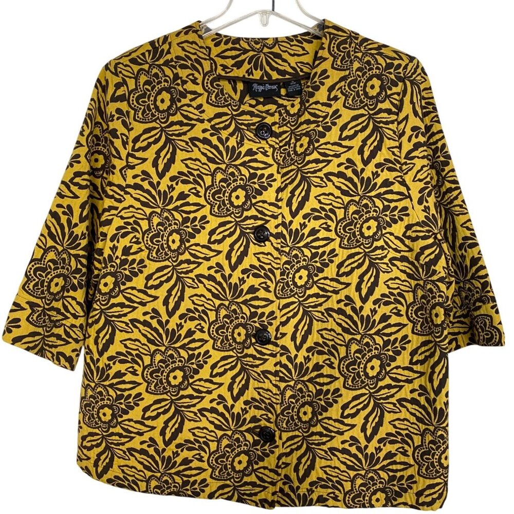 Maggie Barnes 2X Yellow Brown Floral Jacket Plus Size 22/24 Office Tribal Church